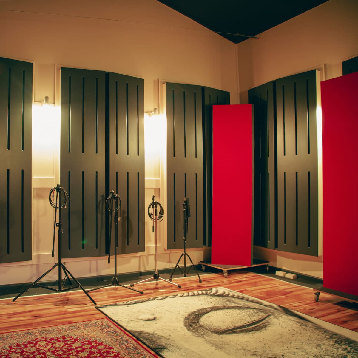 A sound studio with acoustic panels, microphones on stands, and a red curtain along one wall.