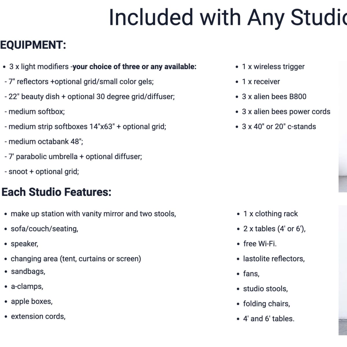 A list of equipment and features included with studio rental, featuring various lighting modifiers, furniture, and amenities.