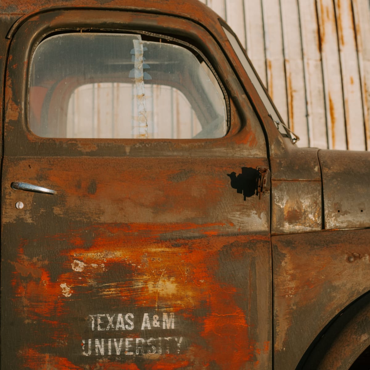 An old, rusted truck with a faded Texas A&M University logo is parked beside a wooden fence.