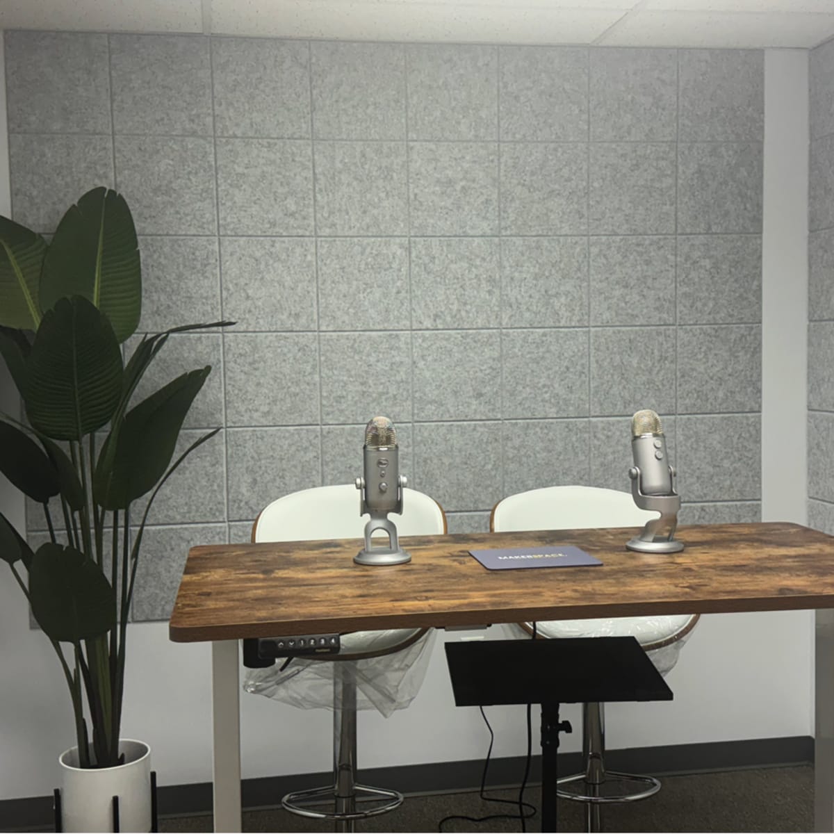 A small recording studio features a wooden table with two microphones positioned on it, accompanied by two white chairs and a potted plant in the corner.