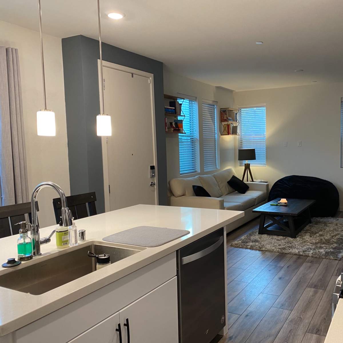 A modern open-concept kitchen and living room, featuring a kitchen island with a sink, a dining area, and a living space with a sofa and coffee table.