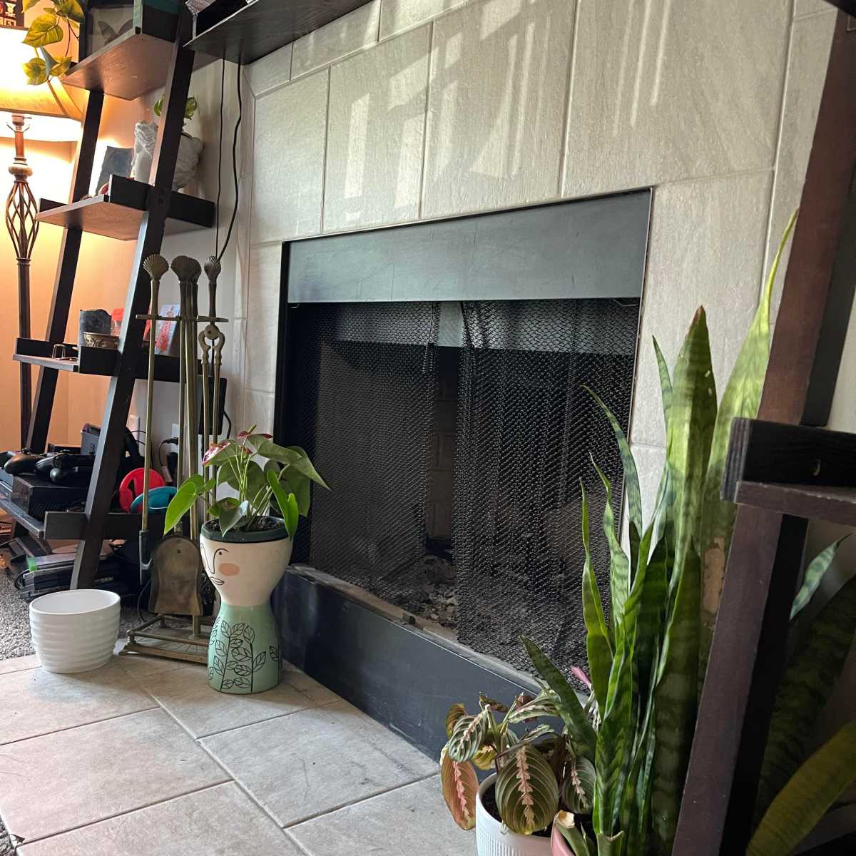 A fireplace with a metal screen, flanked by various potted plants on tiled flooring, along with a wooden shelf in the background.