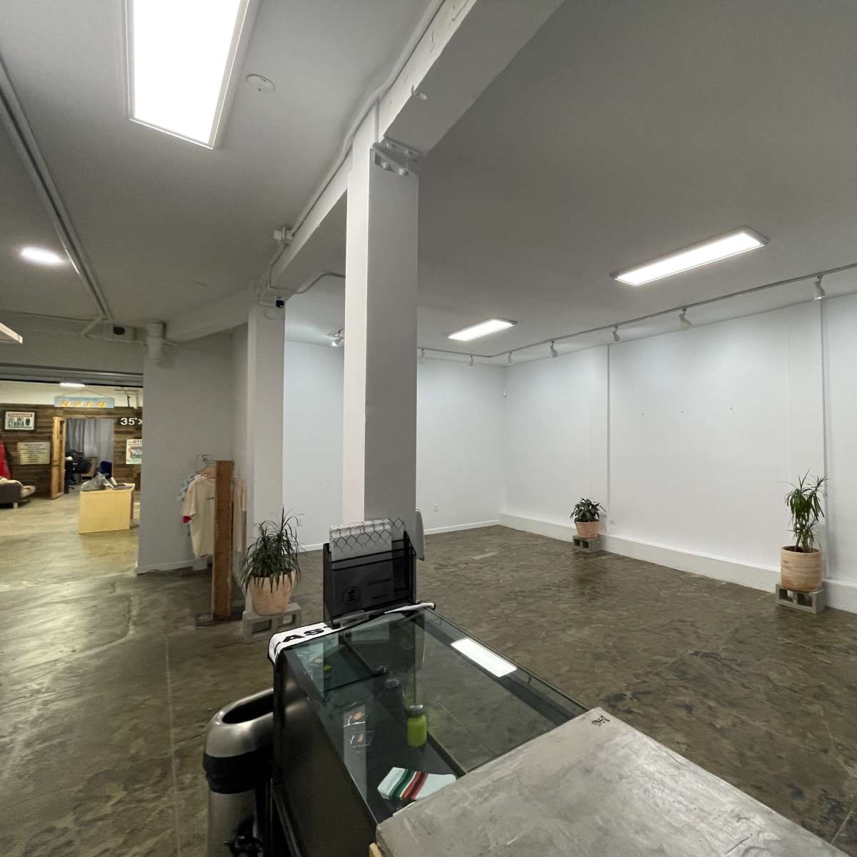 An empty indoor space with concrete flooring, white walls, and a reception area featuring a glass counter and potted plants.