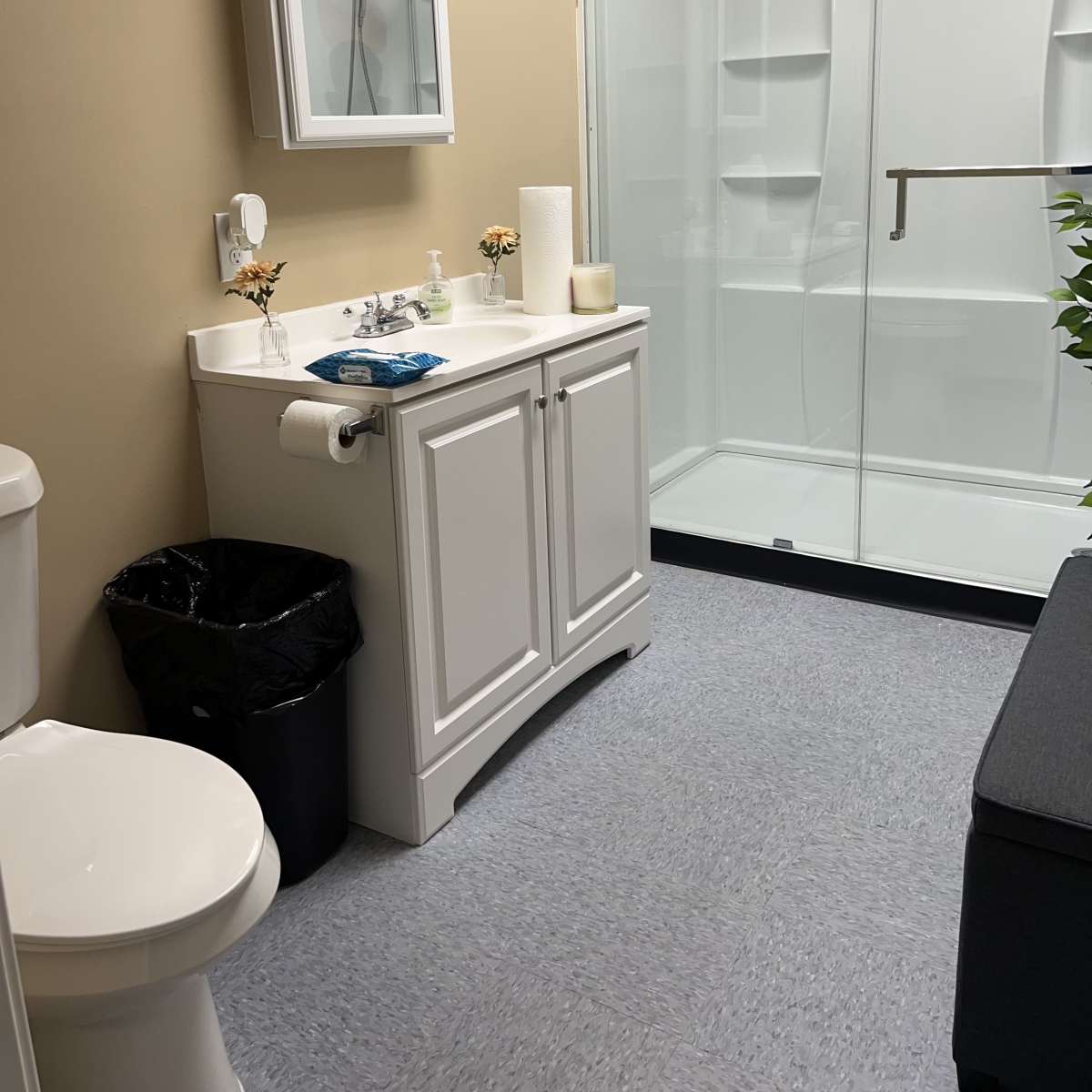 A bathroom with a toilet, a sink cabinet with a mirror above, and a glass-enclosed shower.