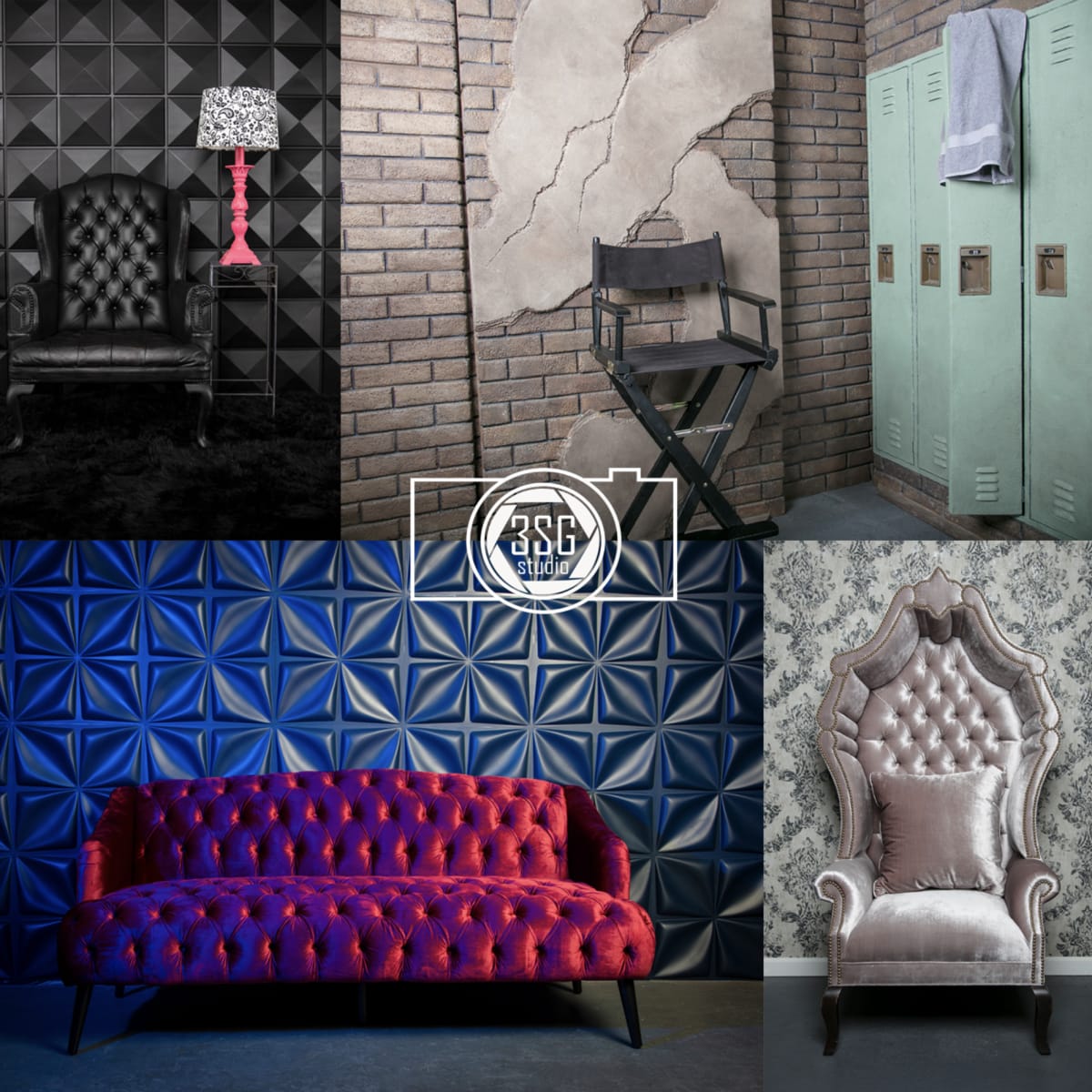A collage of various interior design elements, including a tufted armchair, a velvet couch, a director's chair, textured walls, and vintage lockers.