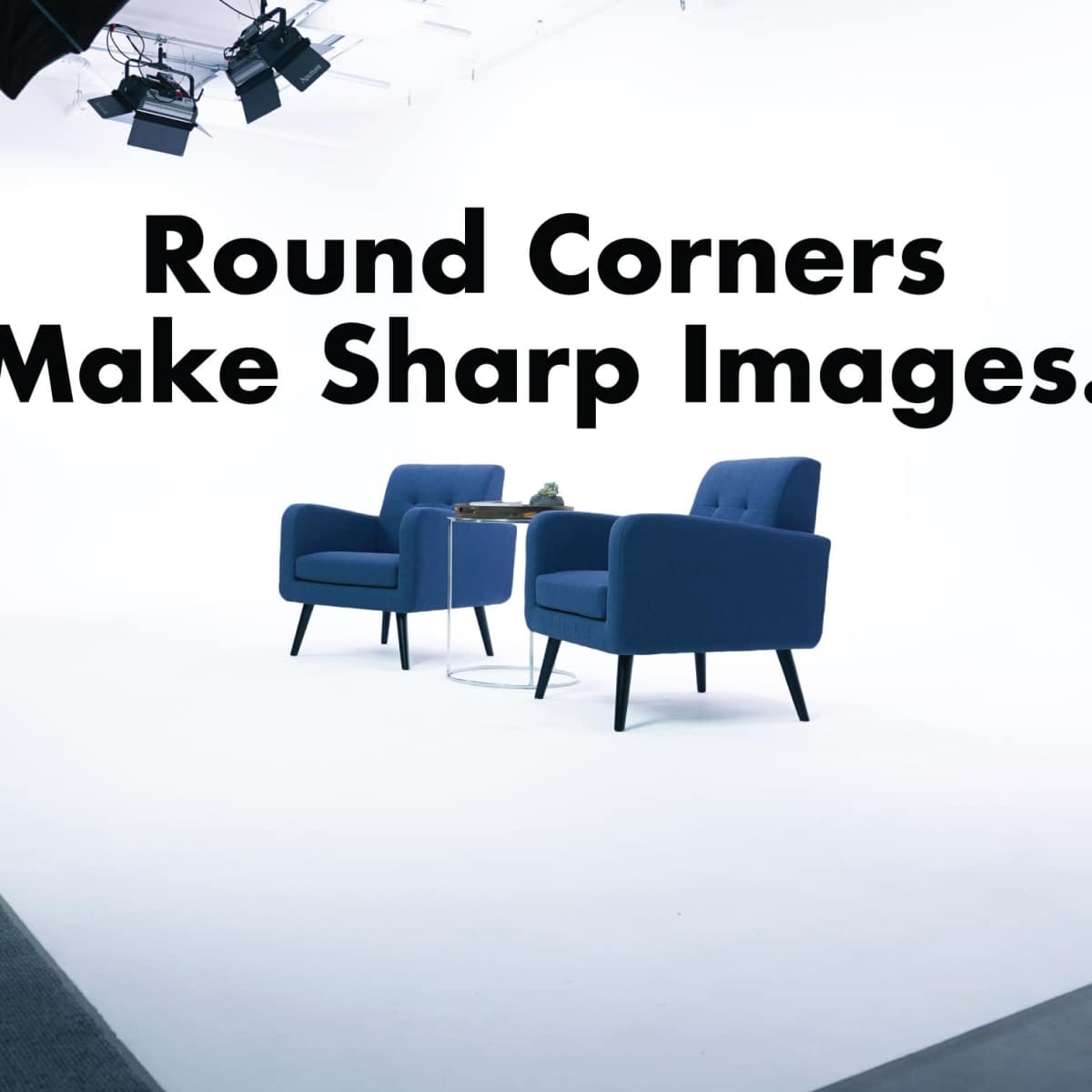 Two blue chairs placed on a white background with studio lighting.