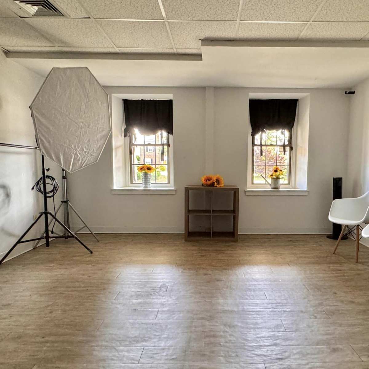 A well-lit room with two windows, a photography backdrop, a small wooden shelf, and minimalist white chairs.