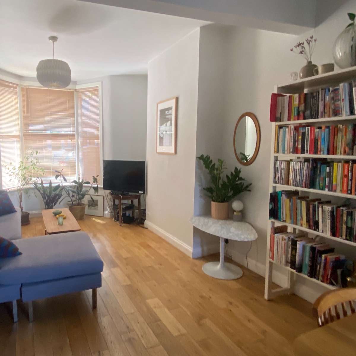 A cozy living room with a gray sectional sofa, a wooden coffee table, a television, and a bookshelf filled with books, along with plants by the window.