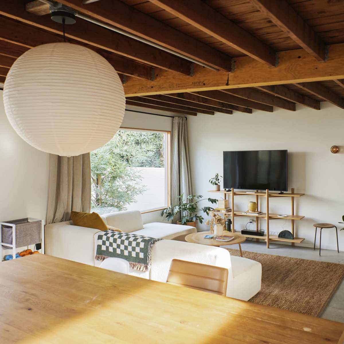 A modern living room with a light-colored sofa, a wooden coffee table, a television on a minimalist stand, and plants arranged throughout the space.