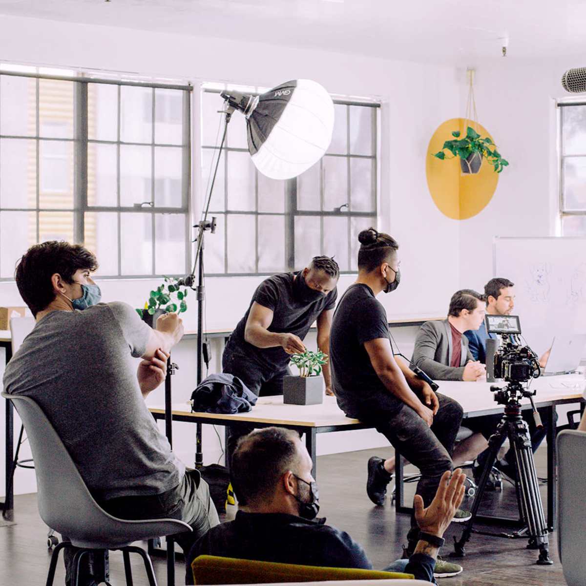 A group of people is gathered in a brightly lit studio with cameras, lighting equipment, and plants, engaged in a filming or production session.