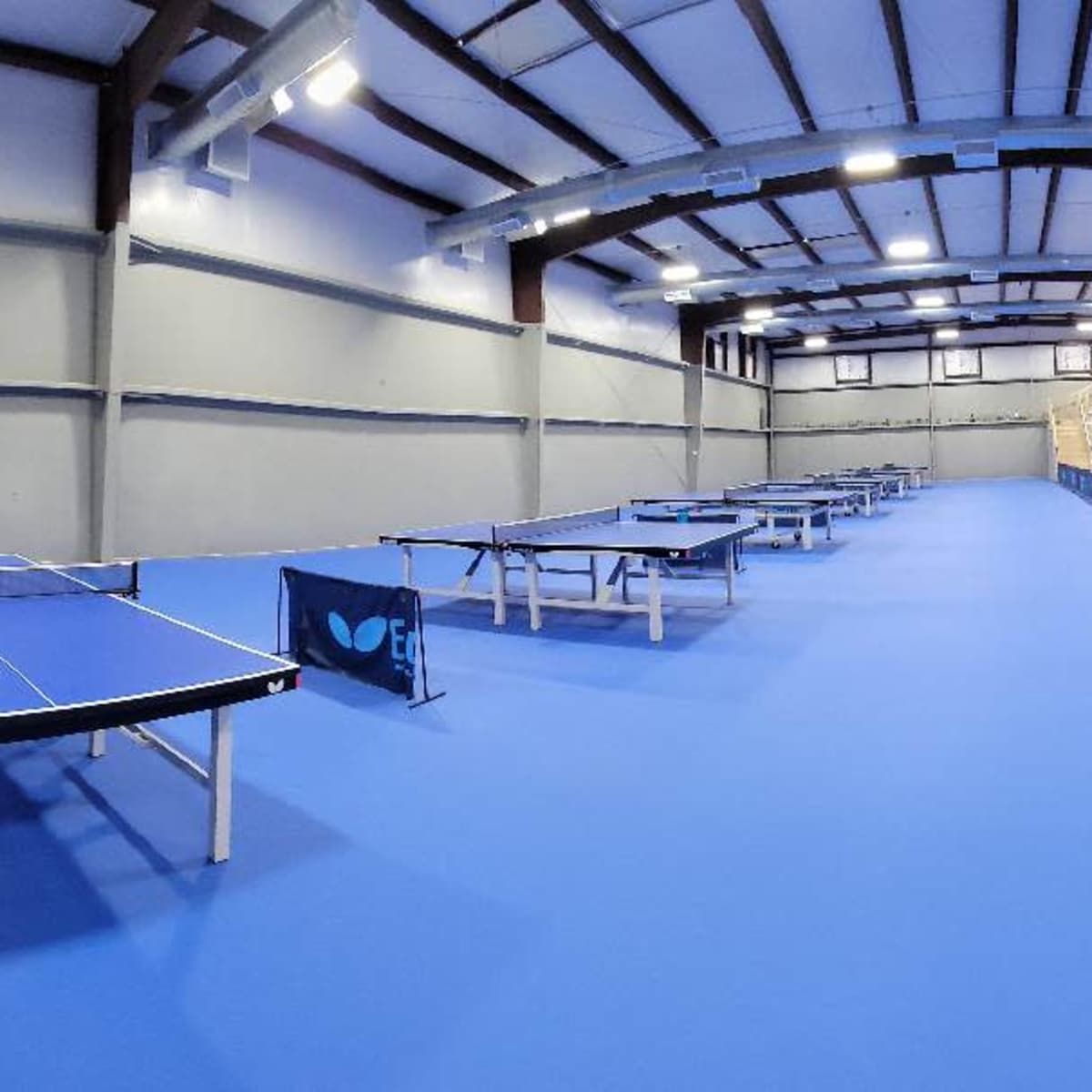 A spacious indoor facility with blue flooring, featuring several table tennis tables lined up along one side and seating areas on the opposite side.
