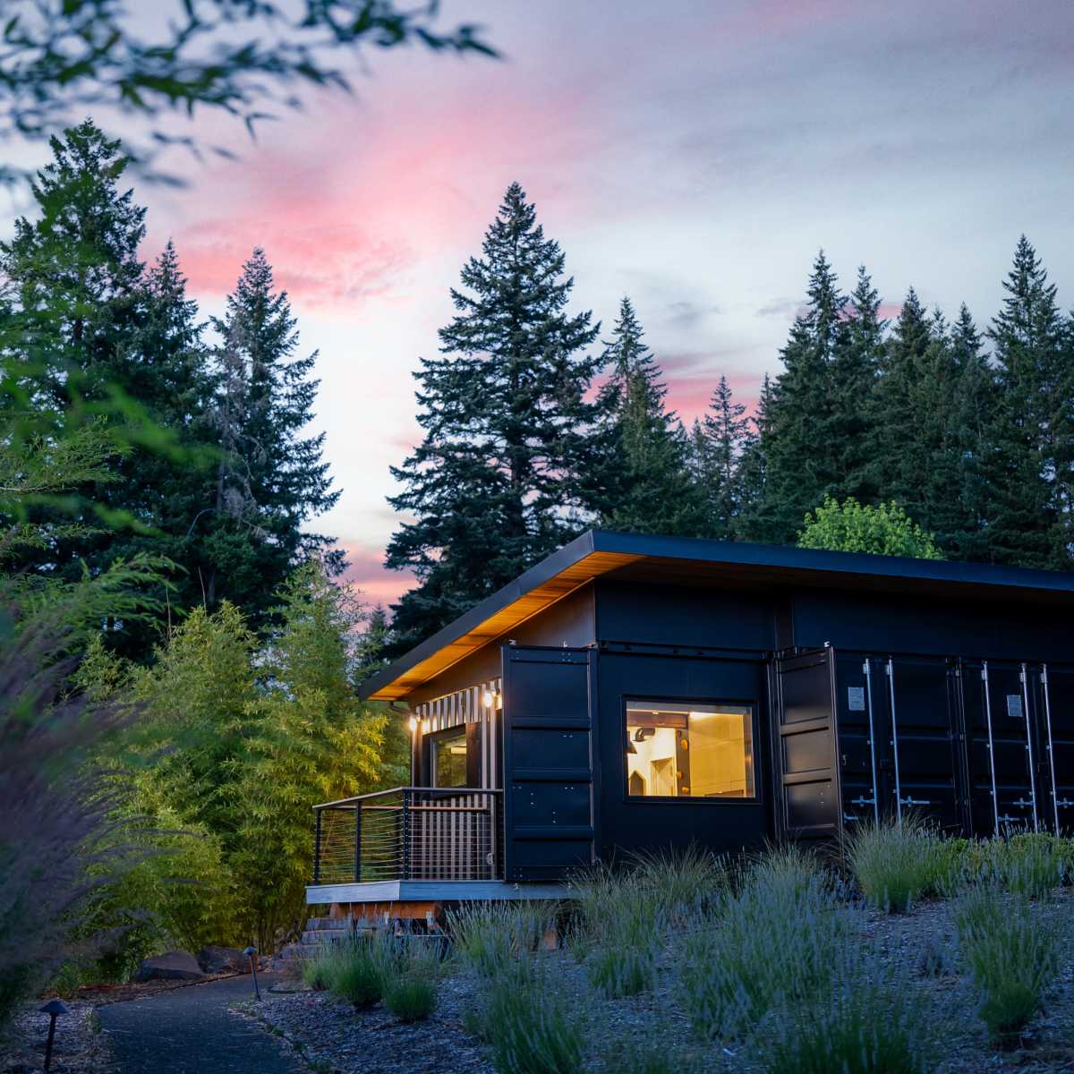 A modern black cabin with large windows is nestled among trees and shrubs under a pink and blue sky.