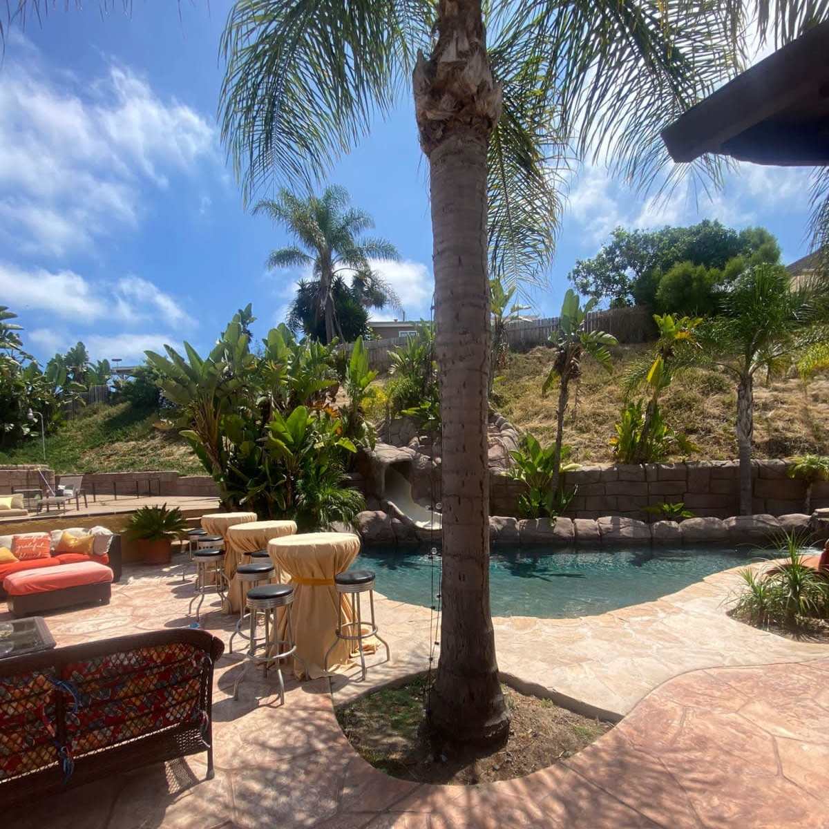 A backyard setting with a swimming pool surrounded by palm trees, lounge chairs, and a rocky hillside in the background.