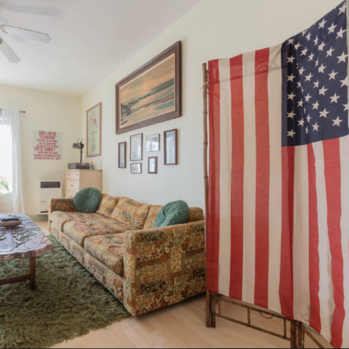 A cozy living room features a patterned sofa, a wooden coffee table, and an American flag screen near a window with natural light.