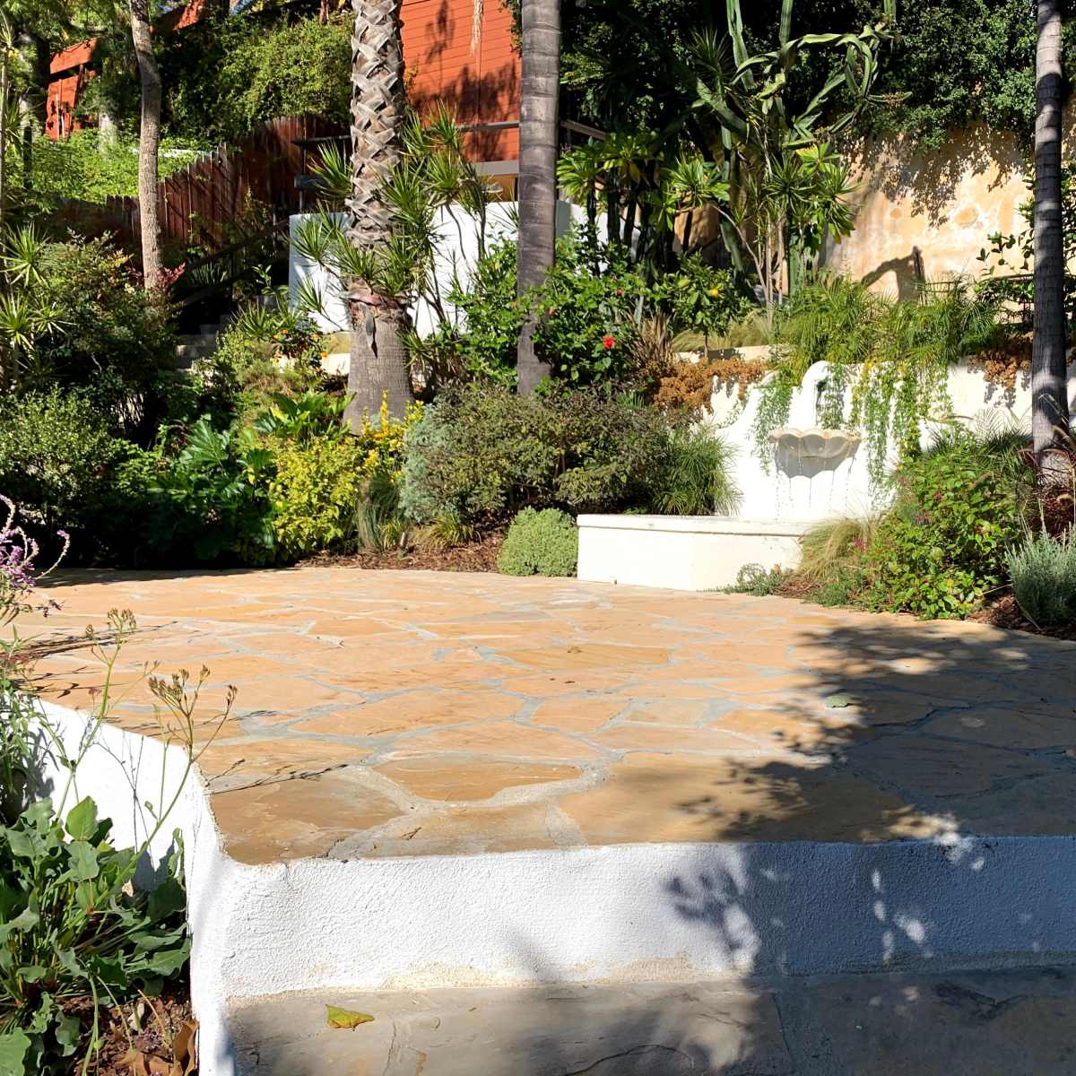 A landscaped garden with a stone pathway, featuring various plants and a small waterfall against a textured wall.