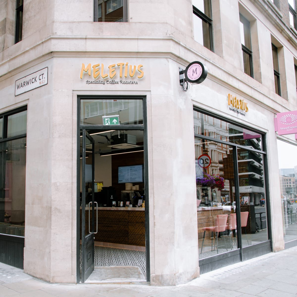 Sunny High Holborn Cafe with Chic Pink Accents in London Image in Holborn, London, ENG