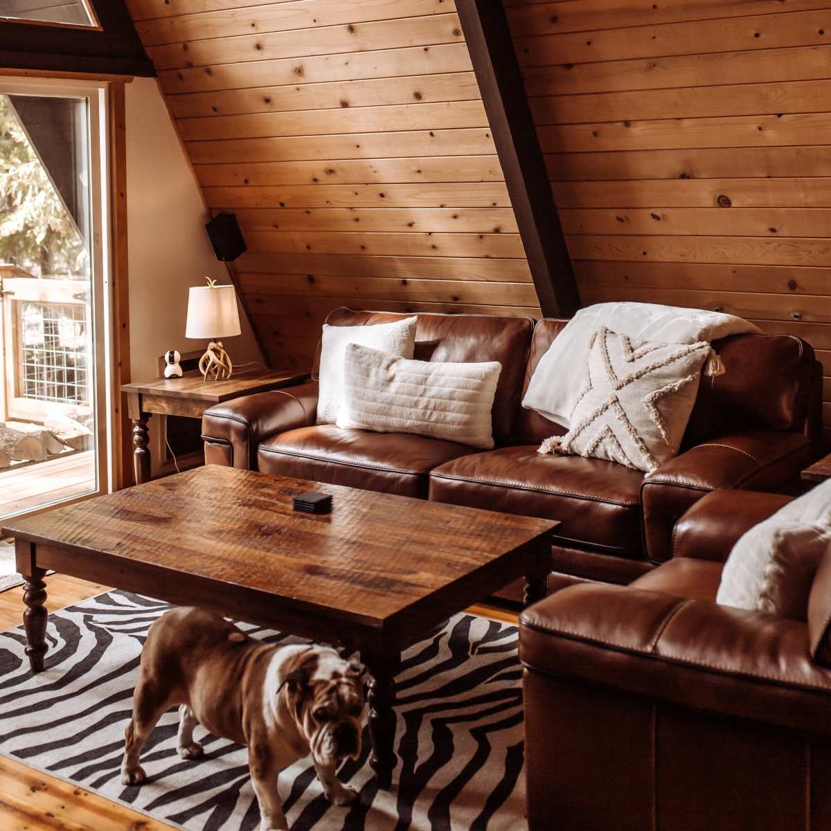 A cozy living room with wooden walls, a leather sofa, a wooden coffee table, and a dog walking on a zebra-striped rug.