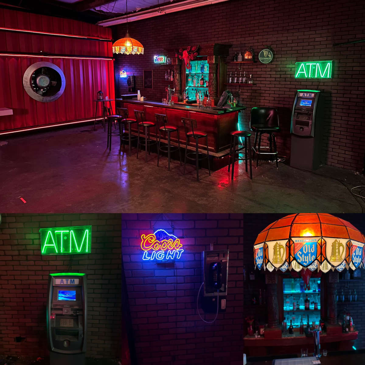 A dimly lit bar area with neon signs, a wooden bar counter with stools, an ATM machine, and various bottles displayed behind the bar.