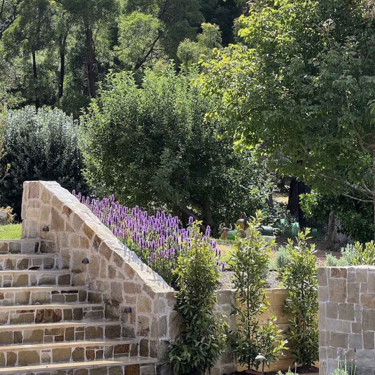 A stone staircase leading up to a garden with green trees and purple flowers.