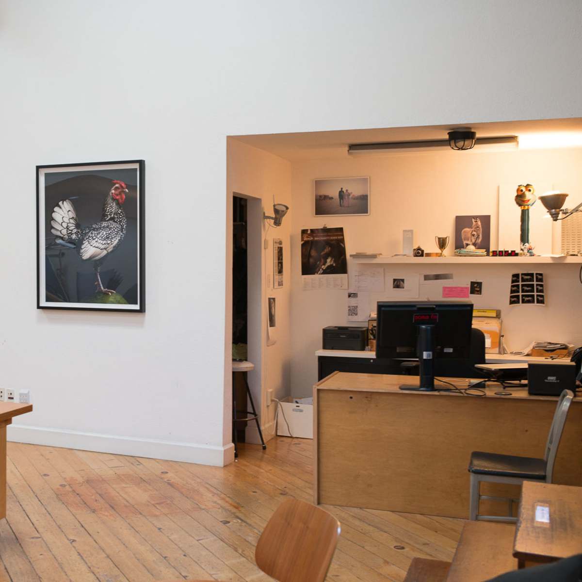 A bright, minimalist room with wooden floors, featuring a large framed picture of a chicken on the wall and a desk with a computer in the corner.