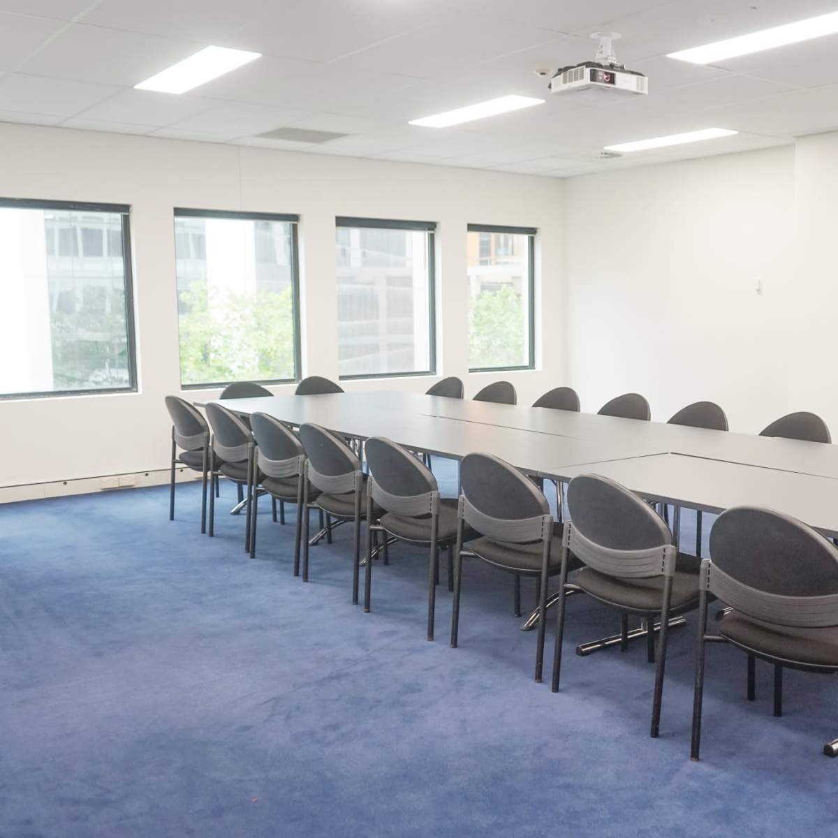 A conference room features a long table surrounded by chairs on a blue carpet.