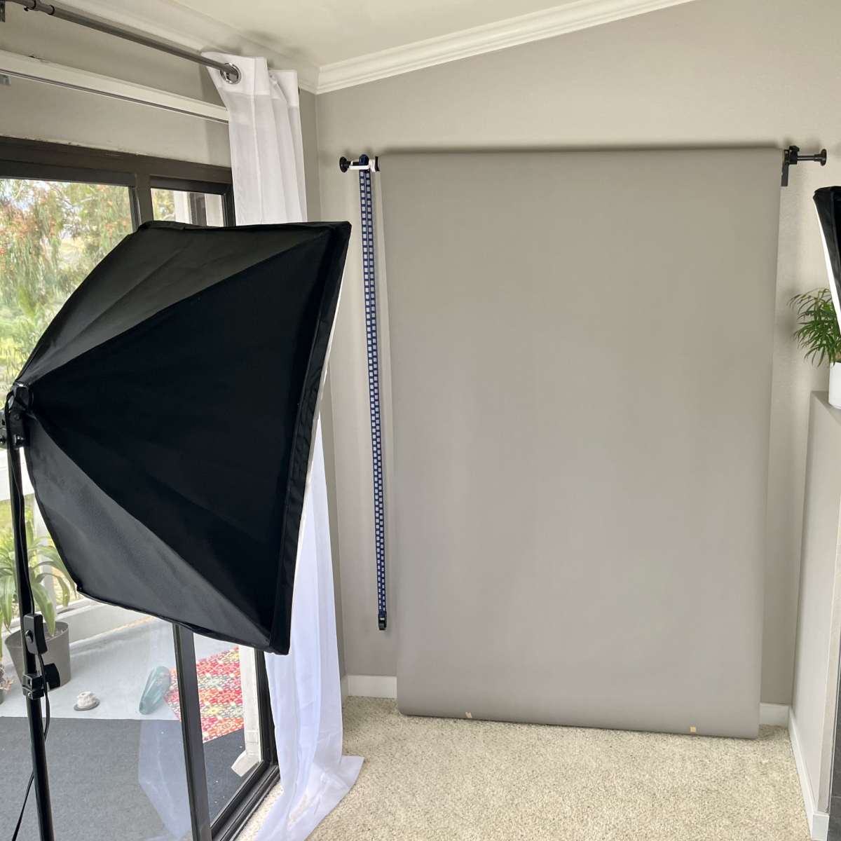 A room setup with two softbox lights flanking a gray backdrop, positioned near a large window.
