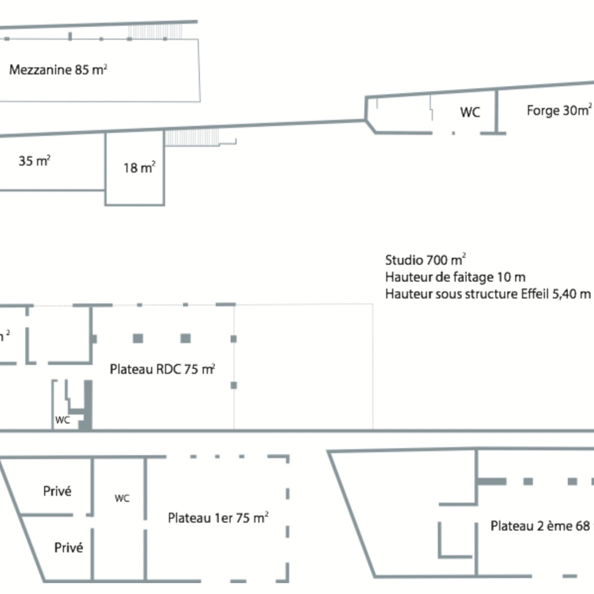 A floor plan labeled with various rooms and dimensions, including a studio, mezzanine, and several other spaces, alongside restrooms and designated areas.
