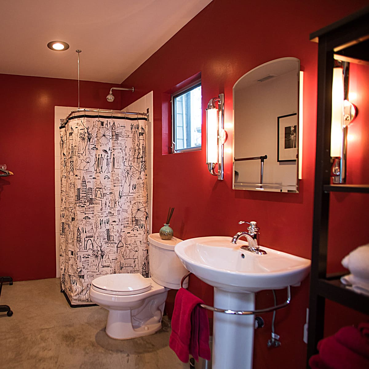 The bathroom features a red wall, a shower with a patterned curtain, a sink, a toilet, and a clothing rack.