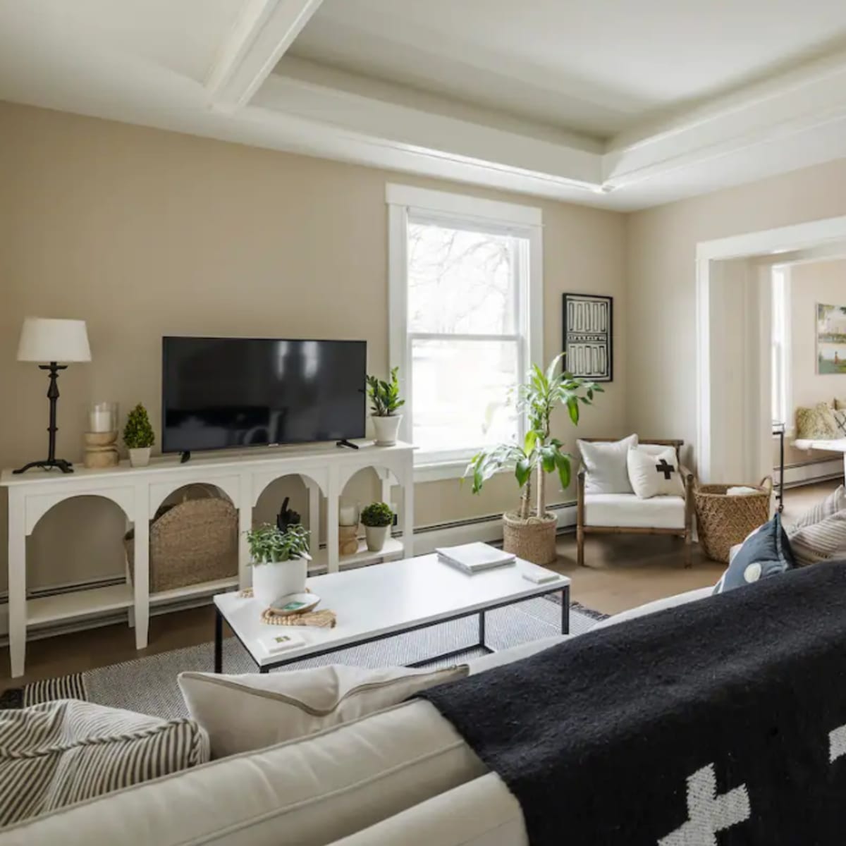 A light-filled living room features a television, a white console table, and a mix of seating arrangements with plants and decorative elements.