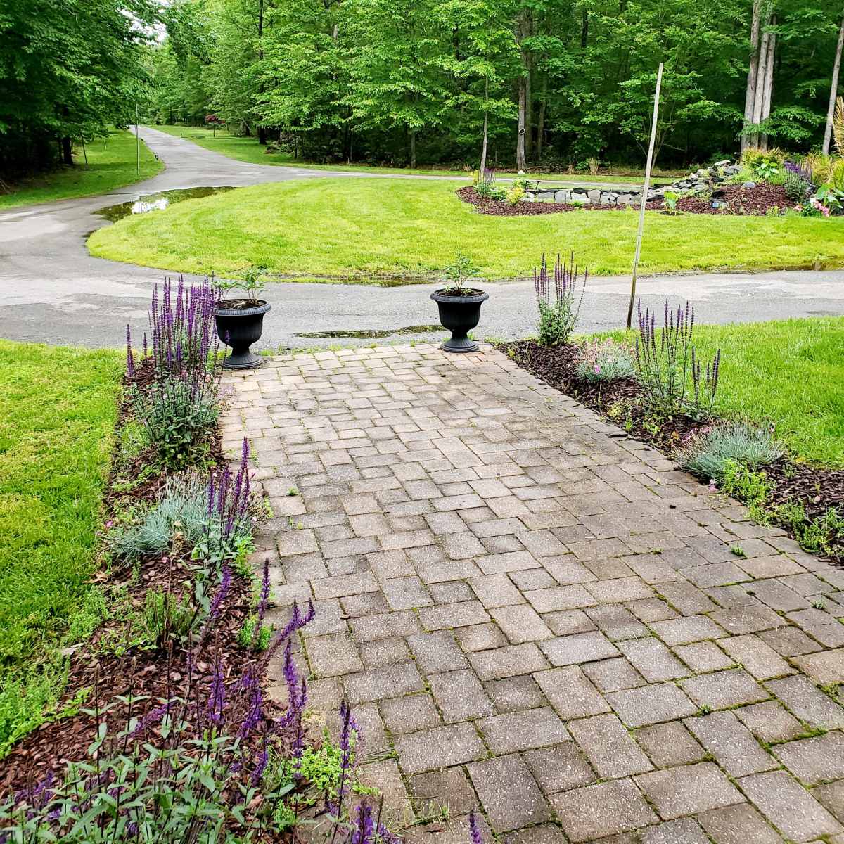 A stone pathway lined with purple flowers leads through a green landscape with a winding road and trees in the background.