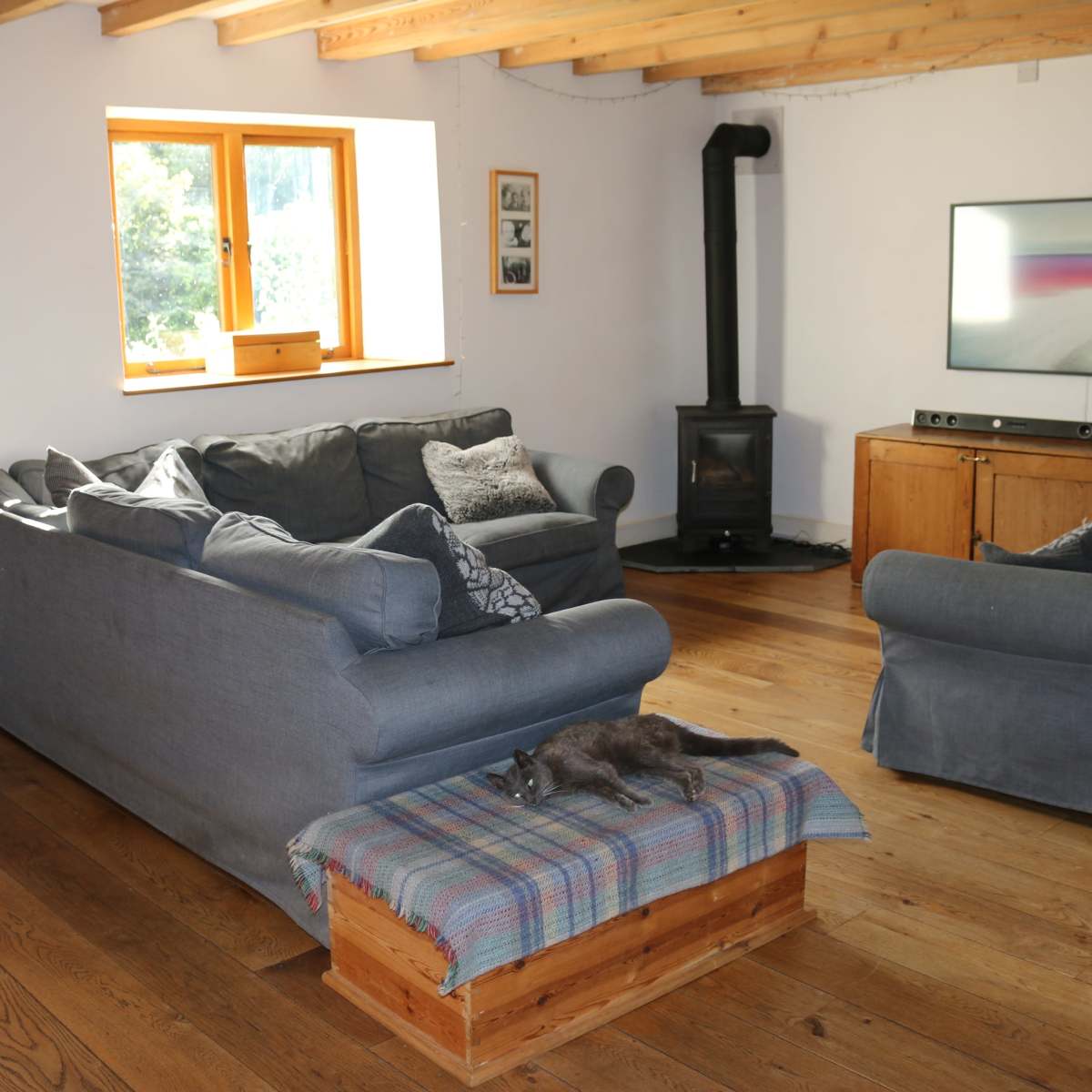 A cozy living room with a gray sofa and armchair, a wood stove, a television, and a cat lying on a wooden bench covered with a plaid blanket.