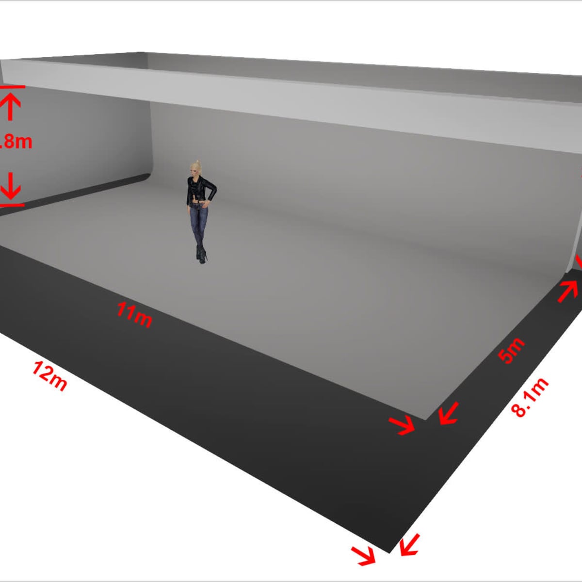 A 3D model of a rectangular room, measuring 12 meters in length, 11 meters in width, and 2.8 meters in height, with a figure standing in the center.