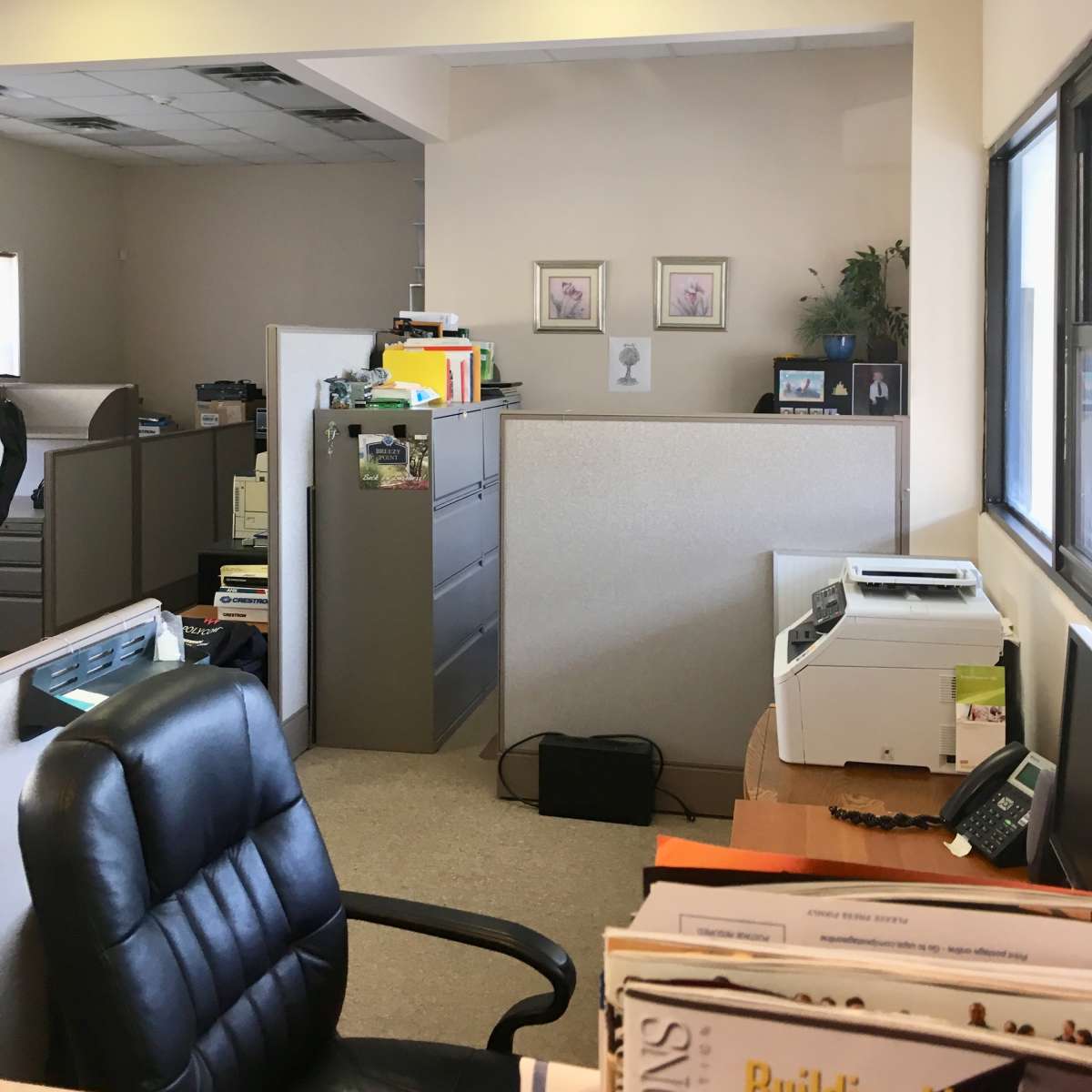 An office space features a black chair in the foreground, with gray filing cabinets and printed materials on a desk, alongside framed pictures and a plant on the wall above.