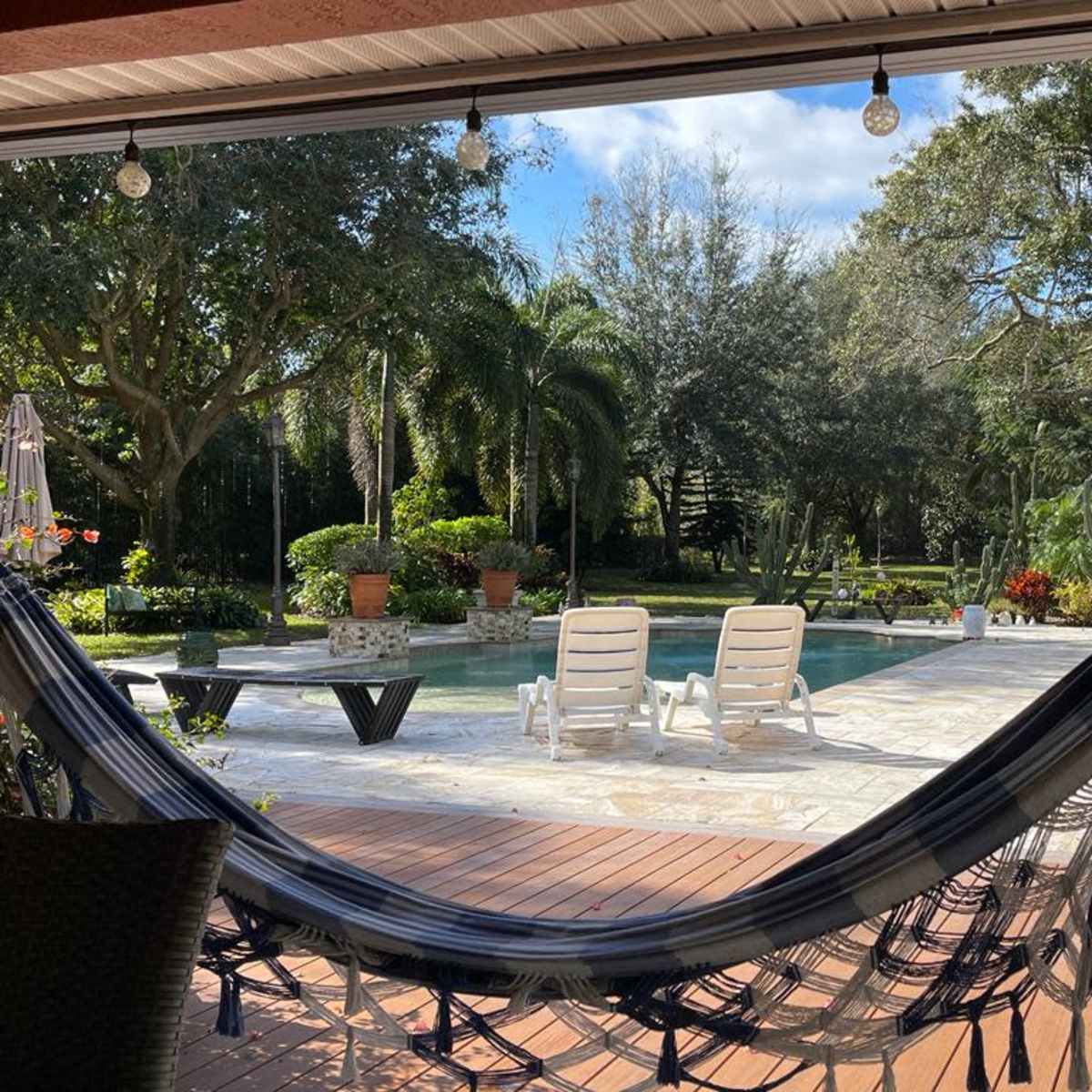 A hammock hangs between posts overlooking a pool surrounded by greenery and lounge chairs.