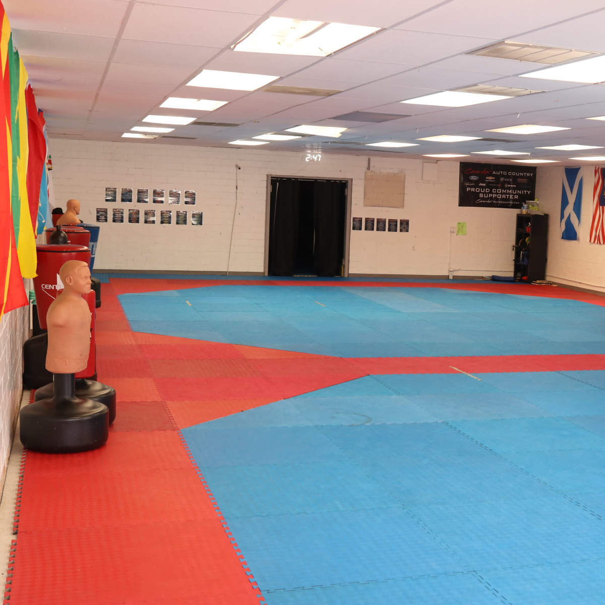 A large martial arts training studio with blue and red mats, dummy figures, and various flags displayed on the walls.