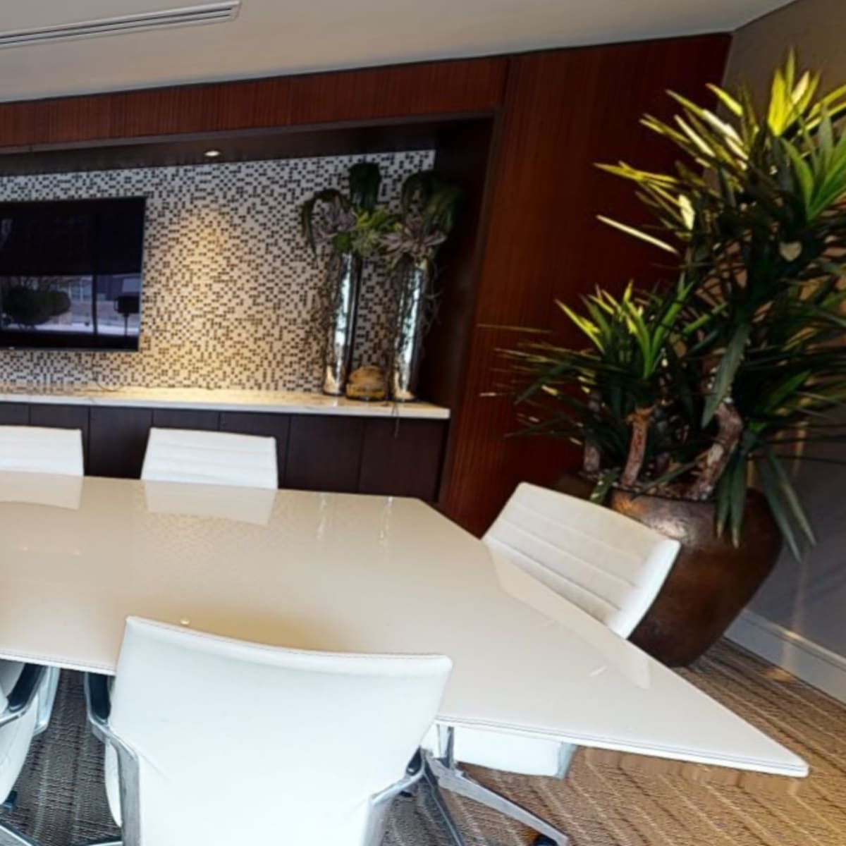A modern conference room features a large white table surrounded by white chairs, with a television mounted on a decorative wall and plants in the background.