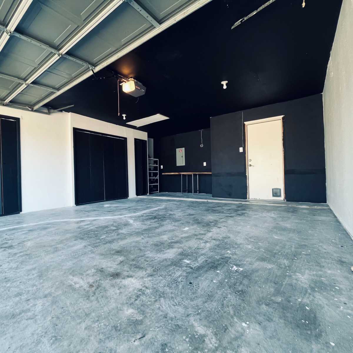The empty garage has a concrete floor, black walls, and two closed storage doors on one side.