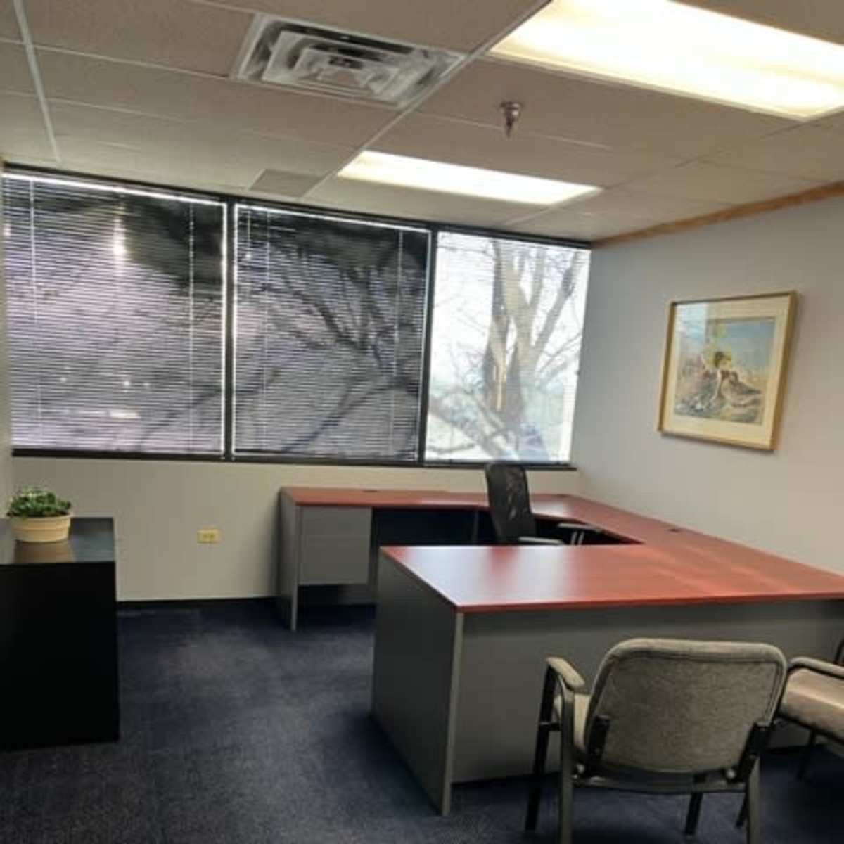 An empty office space with two desks, a chair, and large windows allowing natural light, framed by blinds.