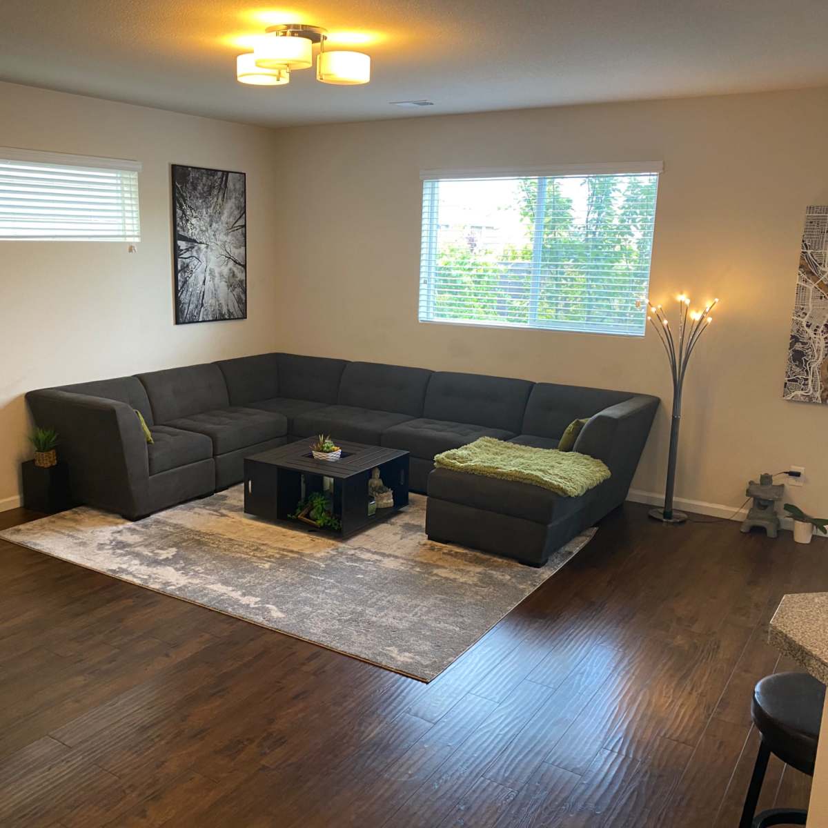 The living room features a dark sectional sofa, a coffee table, and a decorative rug on a wood floor, with a window allowing natural light to enter.