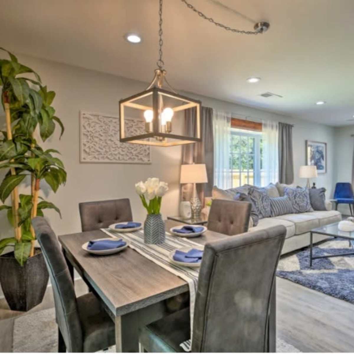 A modern living and dining area featuring a grey sofa, a wooden dining table set for four, and decorative plants.