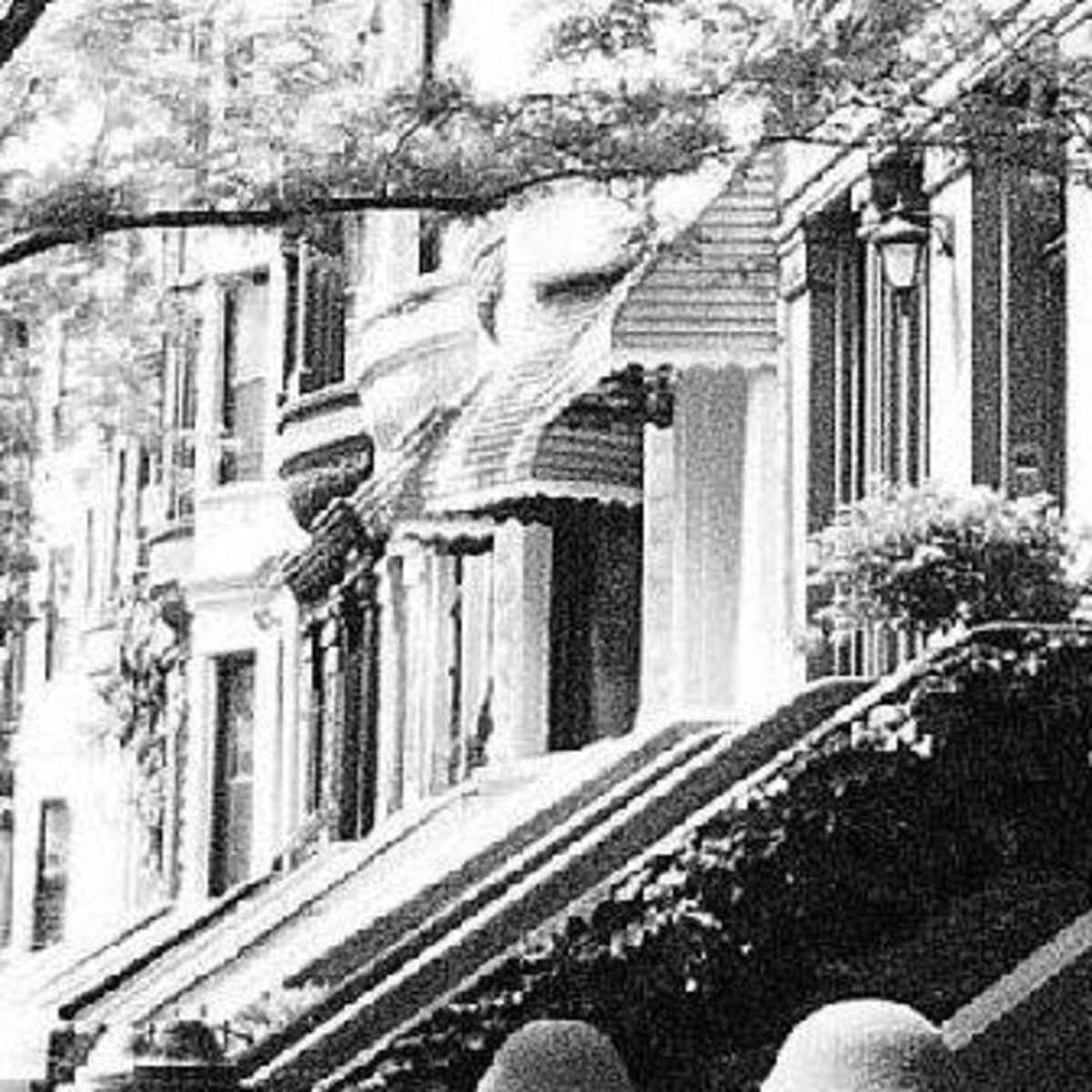 A row of historic brownstone buildings with stoops, framed by trees.