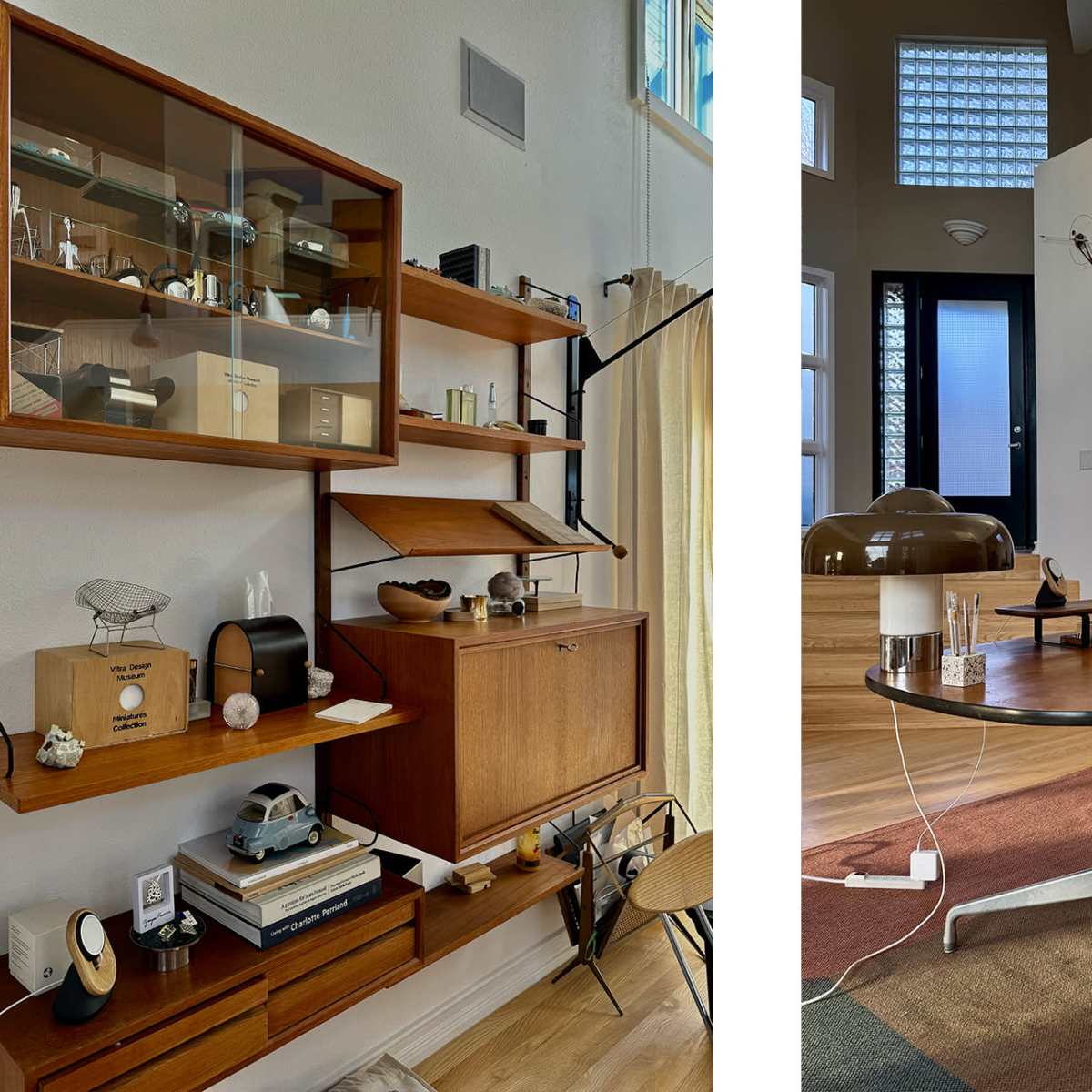 A modern interior space featuring a wooden shelving unit with various decorative items on the left and a dining area with a round table and chairs on the right.
