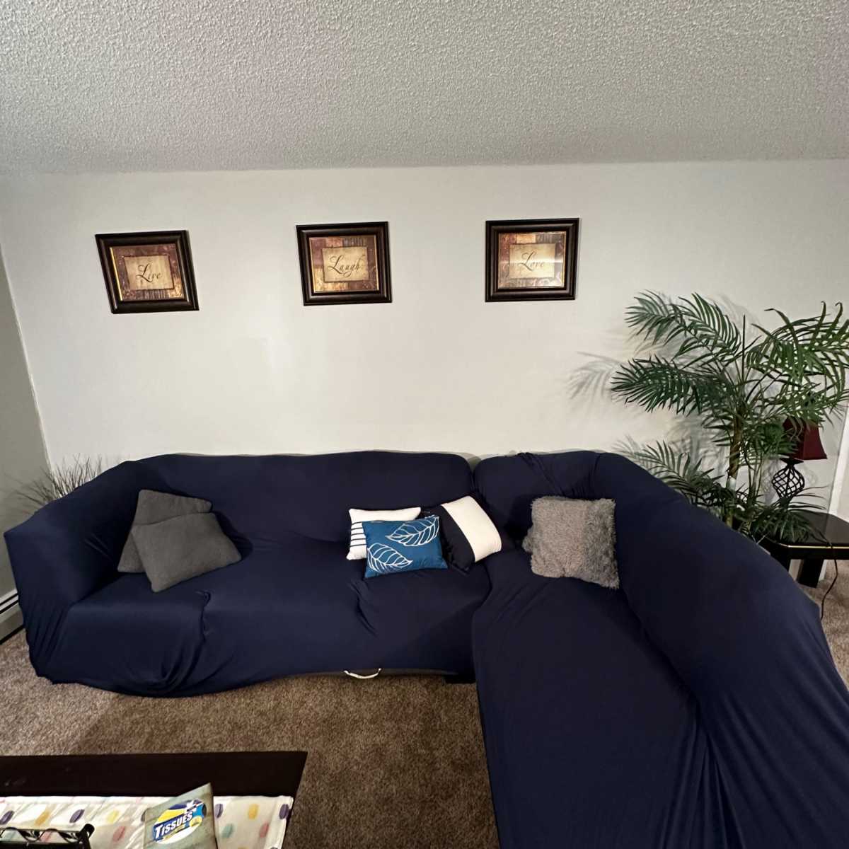 A living room with a dark blue sectional couch covered with cushions and framed artwork on the wall above it.