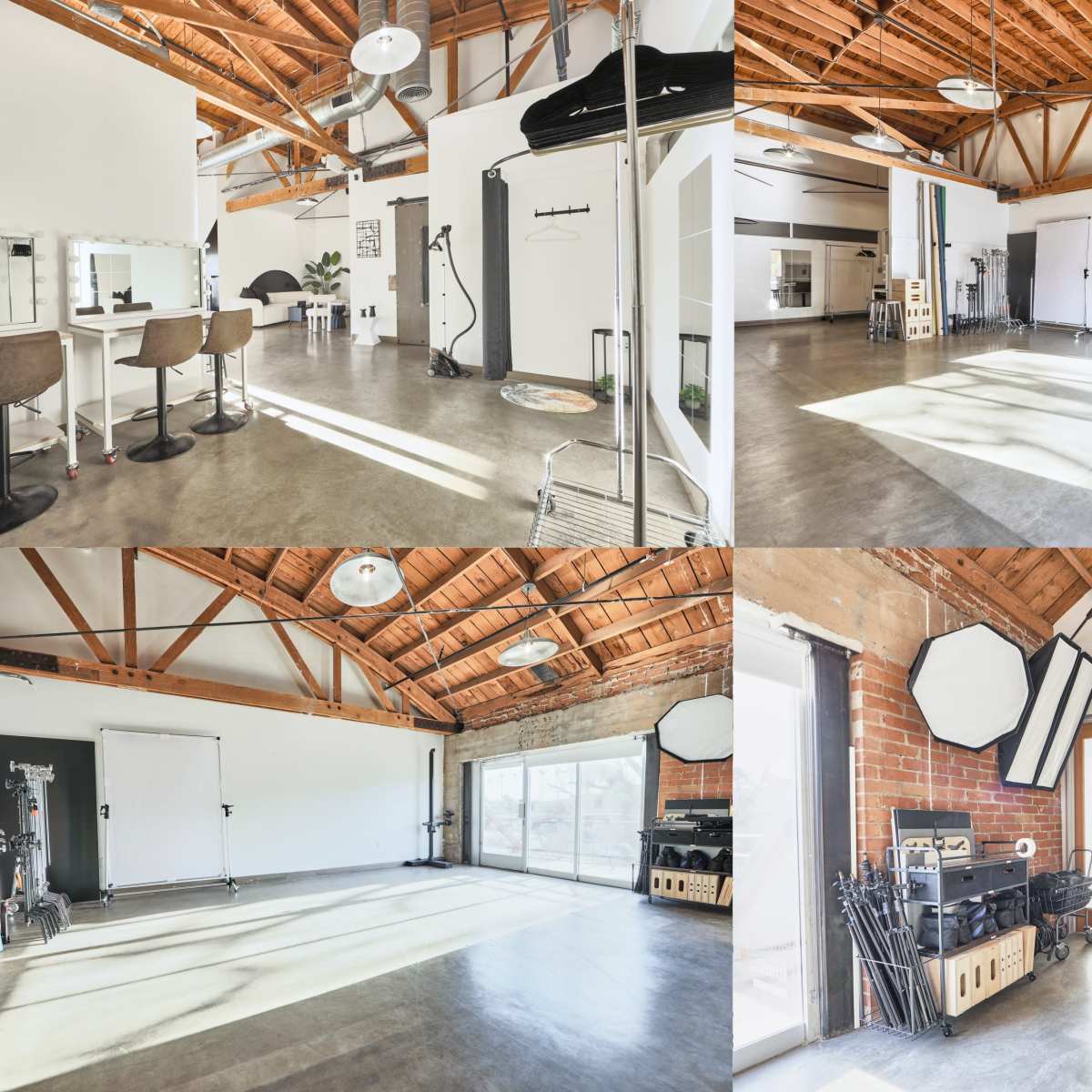A spacious studio with wooden beams, featuring several lighting equipment and photography backdrops, along with seating areas and open floor space.