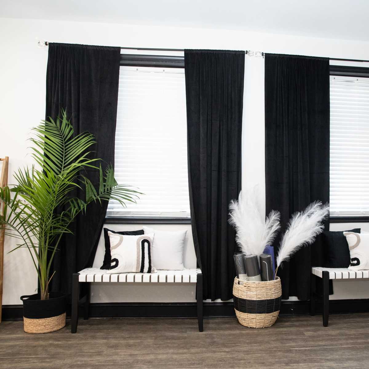 A room with two large windows dressed in black curtains, flanked by two benches and plants, with a shelf in the corner.