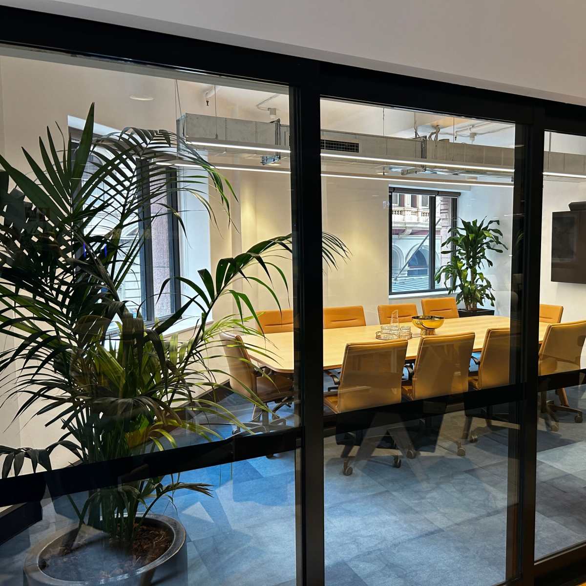 A glass-walled conference room features a large table surrounded by eight chairs and indoor plants, with a television mounted on the wall.
