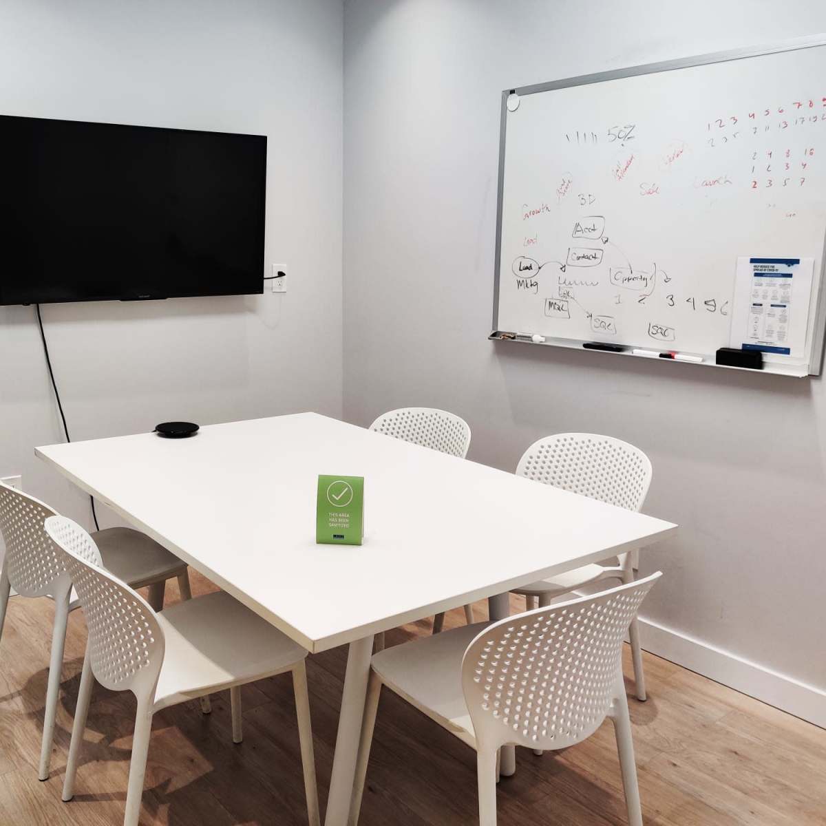 A modern conference room features a white table surrounded by six chairs, a television mounted on the wall, and a whiteboard filled with markings.
