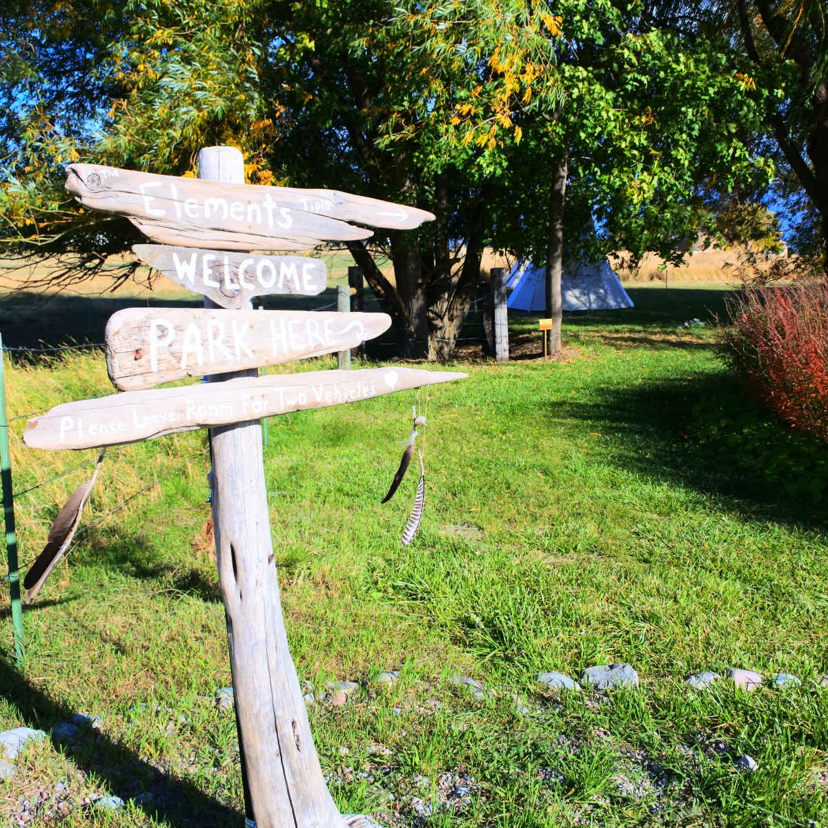 A wooden signpost with directional arrows stands in a grassy area, indicating a welcome and park entrance alongside leafy trees and a tent in the background.