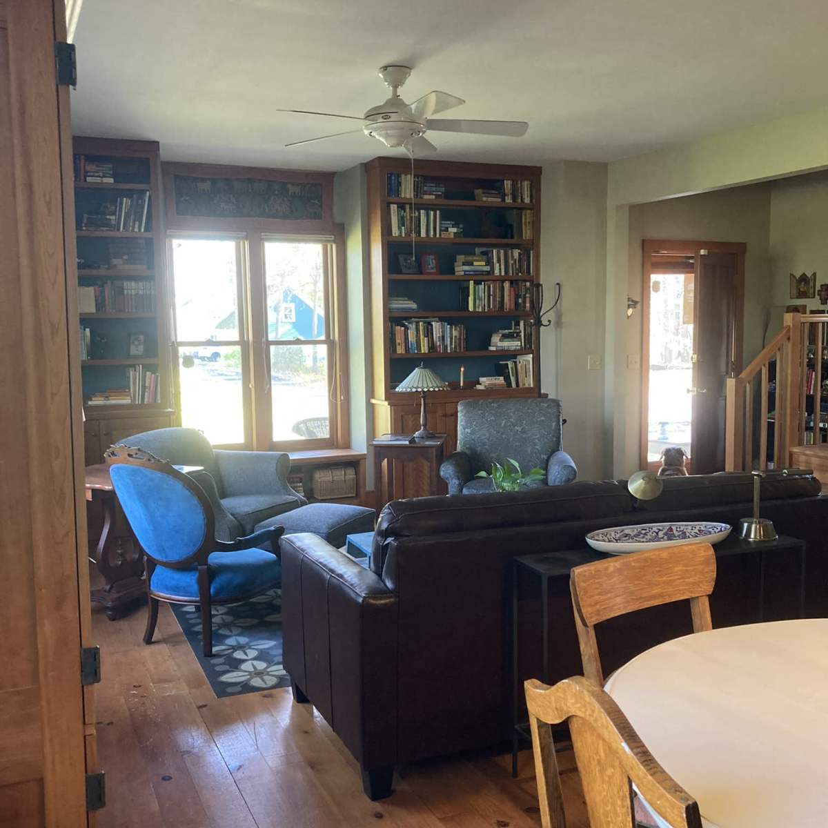 A living room with a blue armchair, a brown sofa, bookshelves filled with books, and a view through a window.