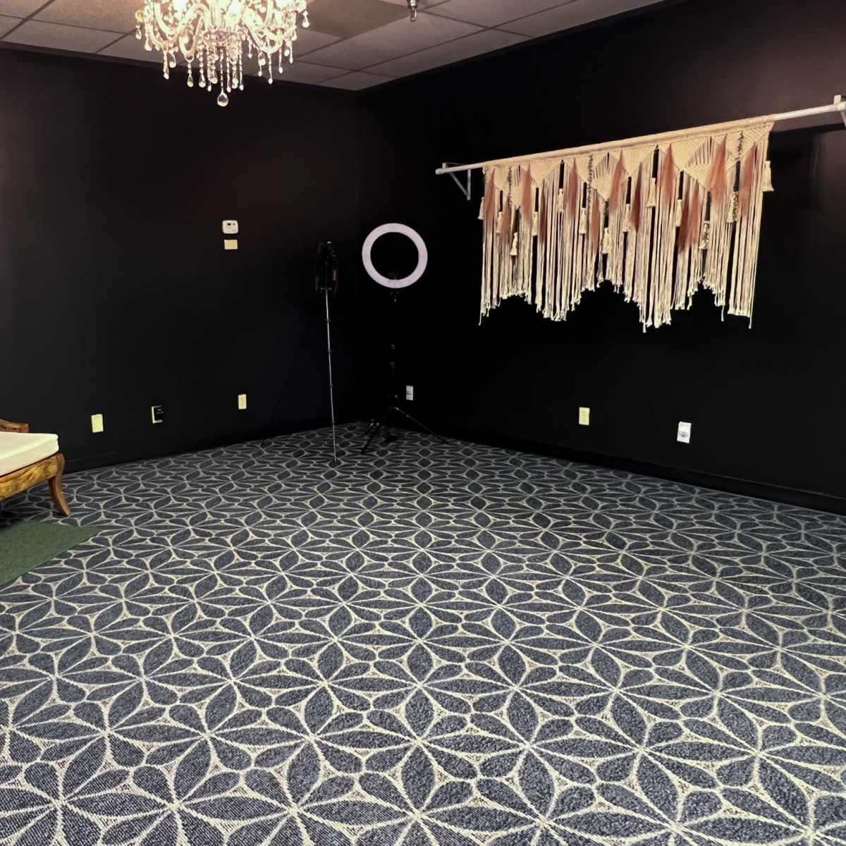 A sparsely furnished room with a patterned carpet, a vintage-style sofa, a plant, and a macramé wall hanging.